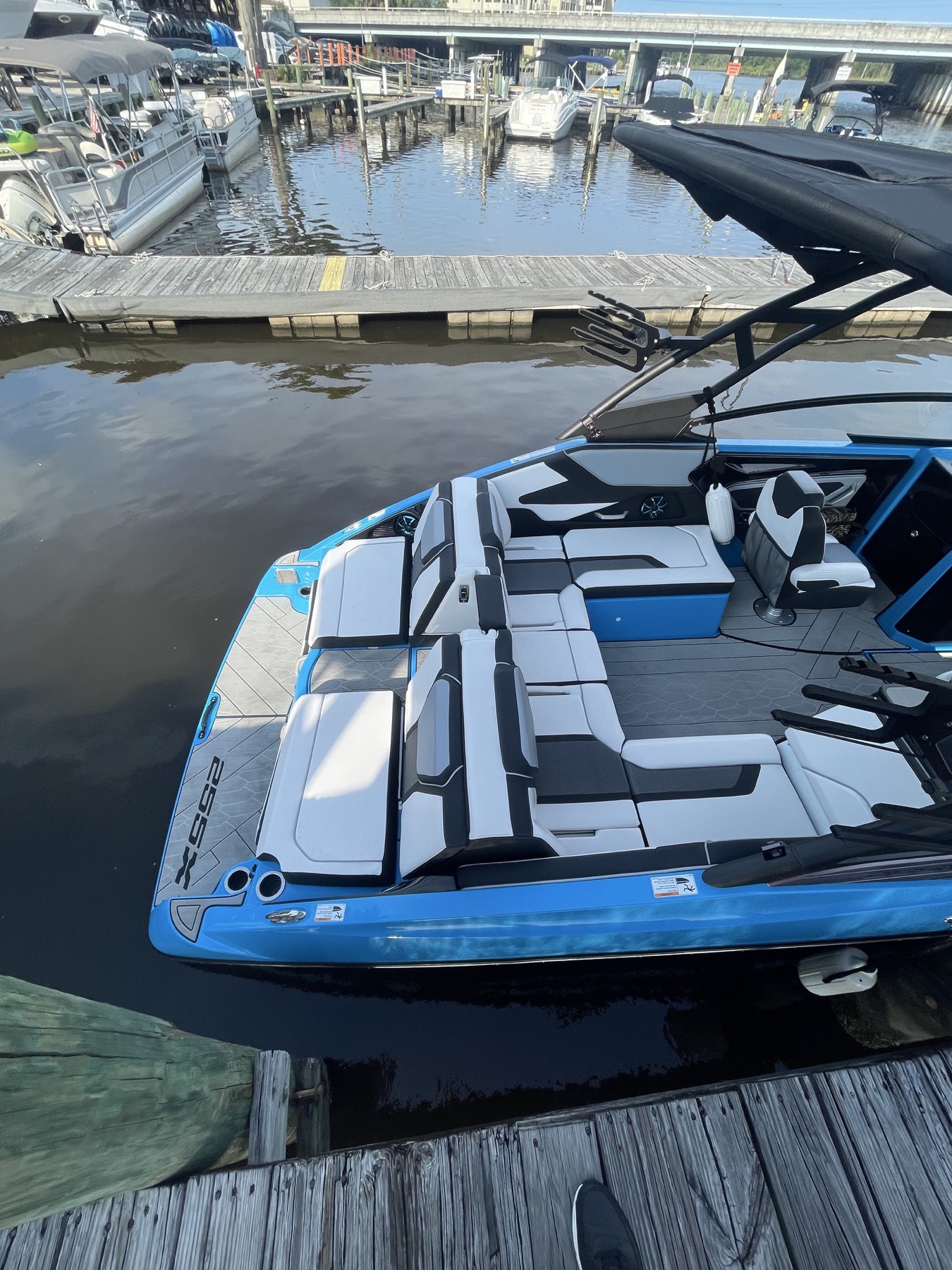 Overhead view of the blue and white charter boat seating