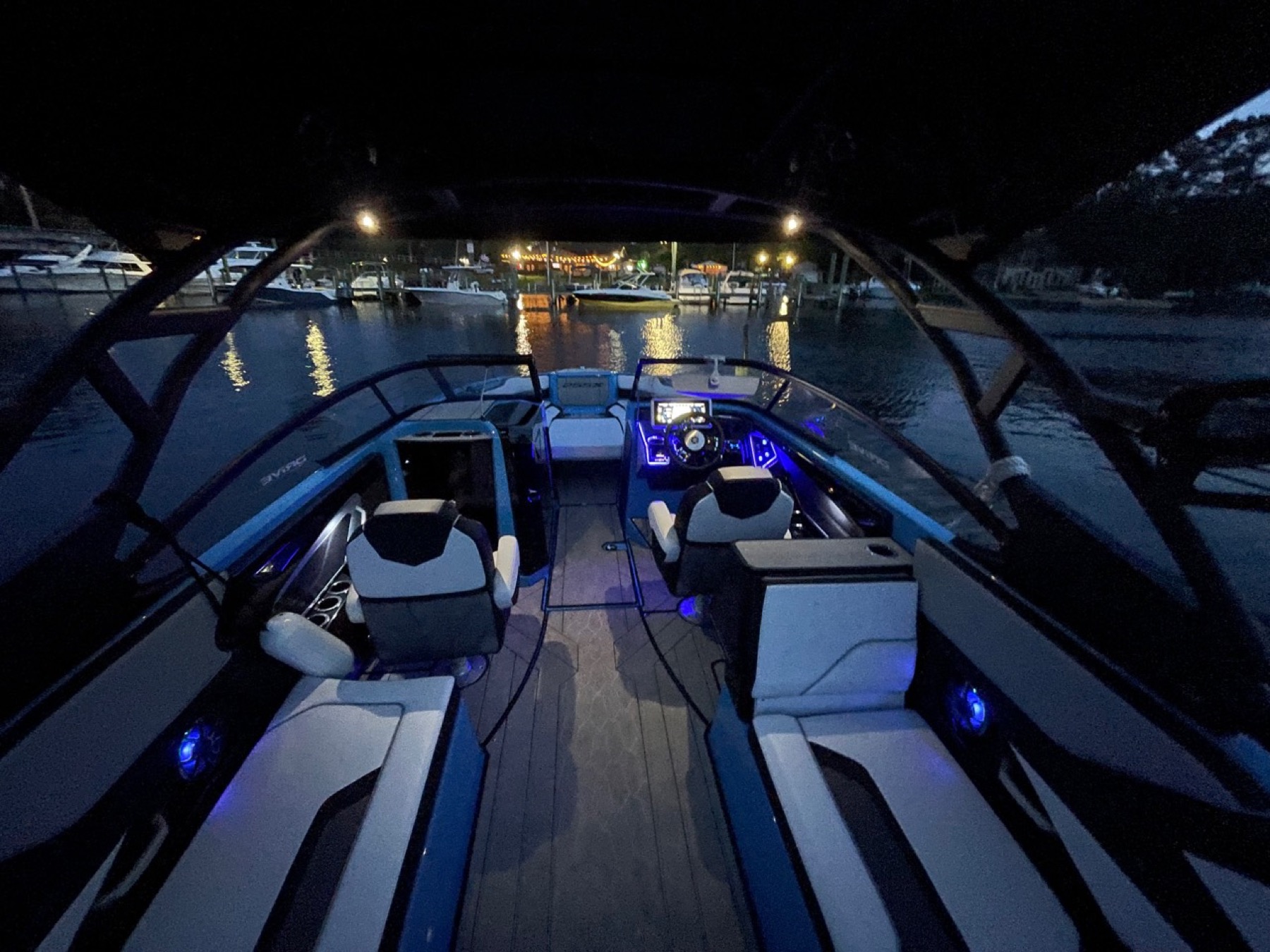 Night boat interior with blue lighting