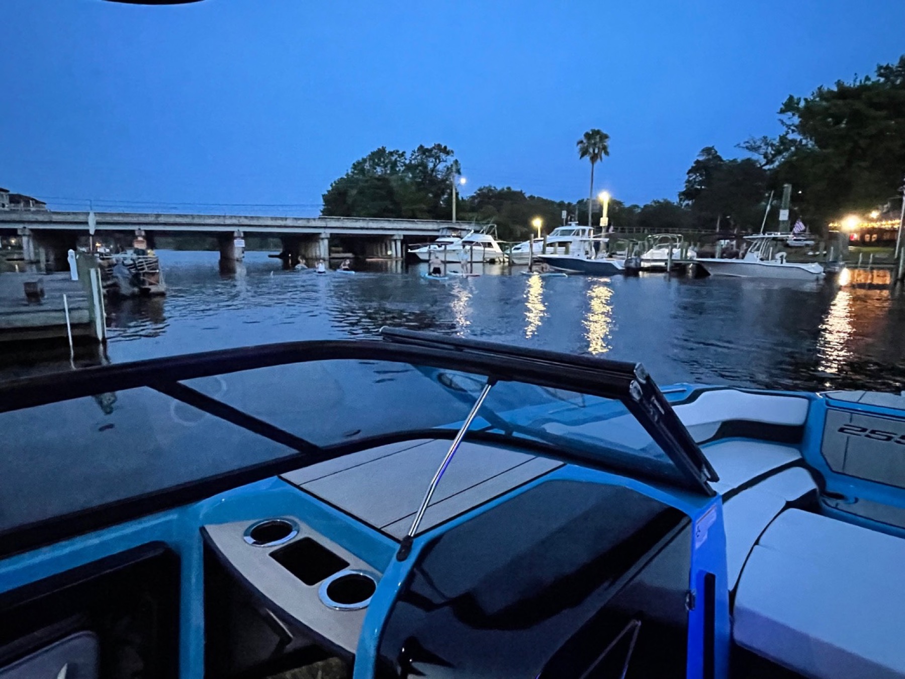 Dusk water view from inside the boat